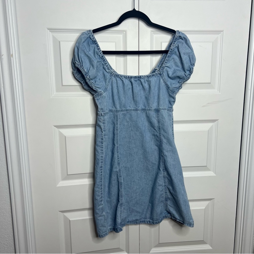 Madewell Chambray Denim Mini Dress Size 2 Puff Sleeve Button Front Cottagecore - Picture 5 of 5
